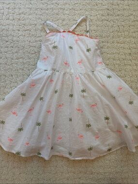Janie and Jack White Dress with Pink Flamingo and Green Palm Print